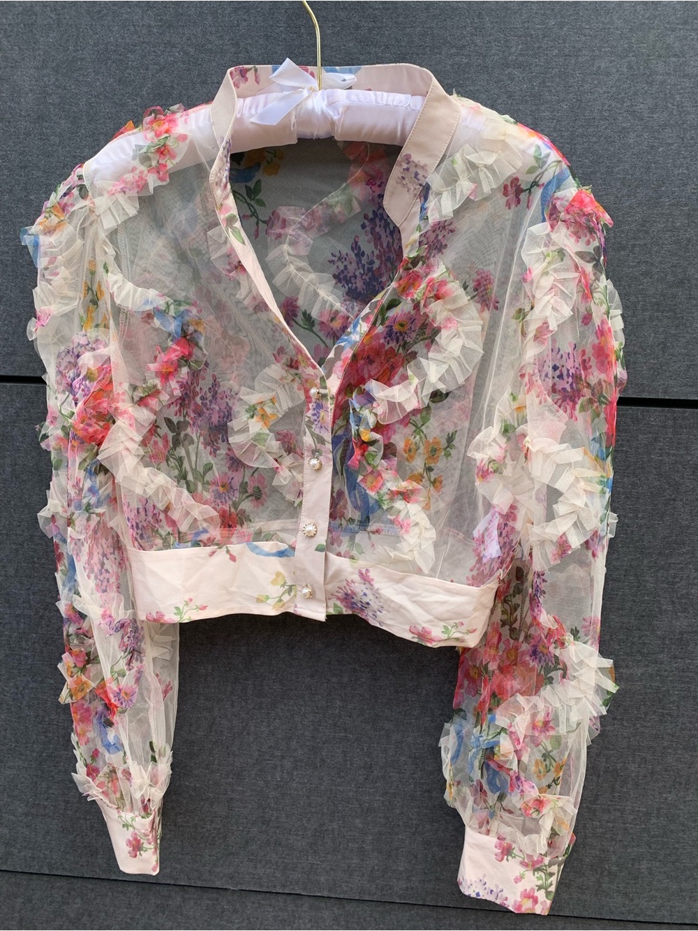 Sheer Floral Ruffle Cropped Blouse - Pink